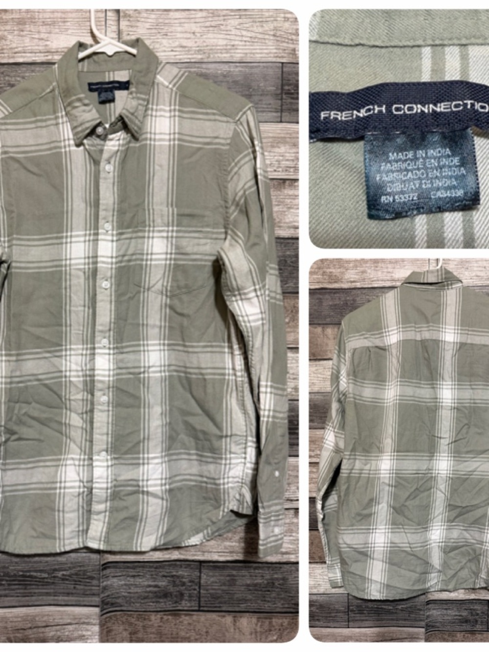 French Connection Flannel Shirt Men’s S Green White Plaid Button Up Cotton
